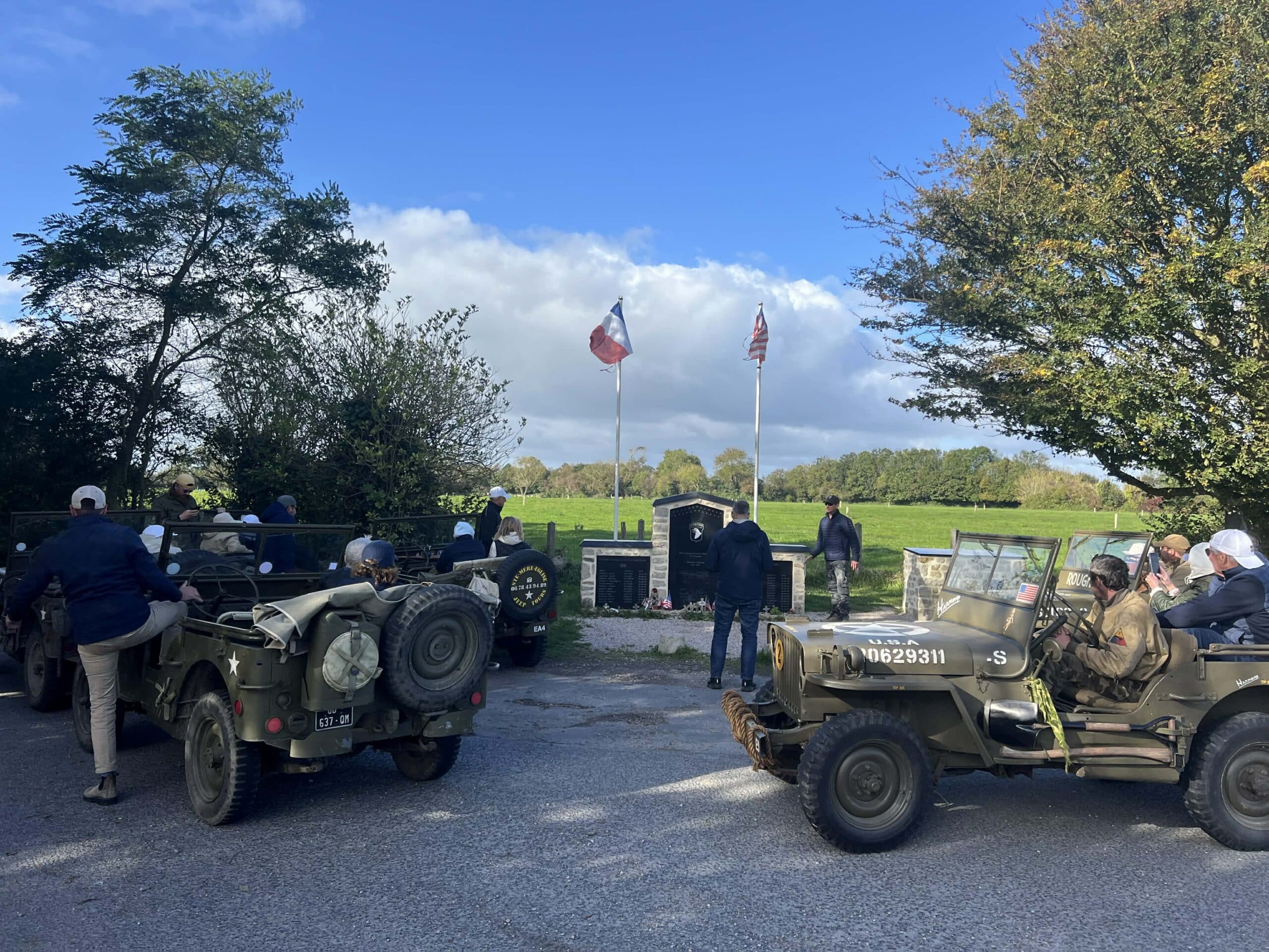 Easy Company monument with the jeeps